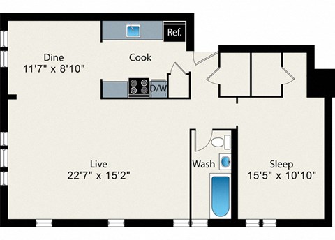 Floor plan for studio, 1 bath, 420 sqft